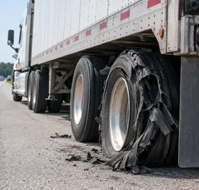 A commercial tractor-trailer sits on a highway shoulder after a rear tire blowout in daylight.
