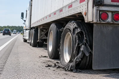 A commercial tractor-trailer sits on a highway shoulder after a rear tire blowout in daylight.
