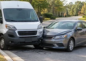 An unbranded delivery van and passenger car after a minor collision on a Georgia suburban road.
