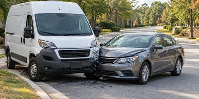 An unbranded delivery van and passenger car after a minor collision on a Georgia suburban road.