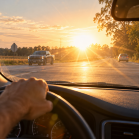 Sun glare through a windshield at a Georgia intersection