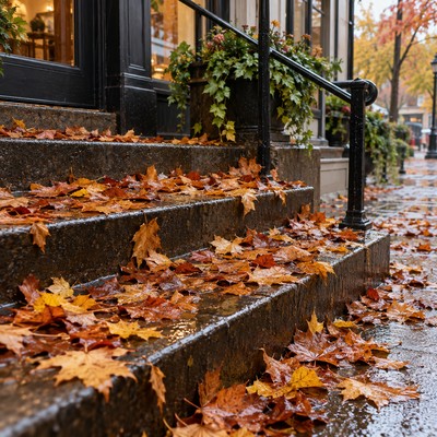 Wet fallen leaves cover the entry walkway to a Georgia business.
