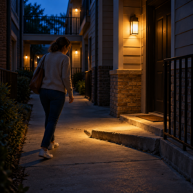 Person approaching an uneven step on a dimly lit apartment walkway at dusk