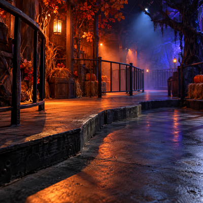 Raised walkway edge and safety railing inside an empty Georgia haunted attraction