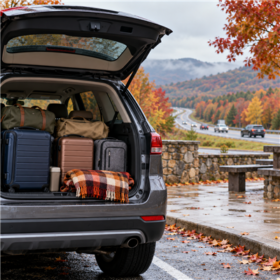 Open vehicle trunk packed with luggage beside an autumn Georgia highway rest stop.