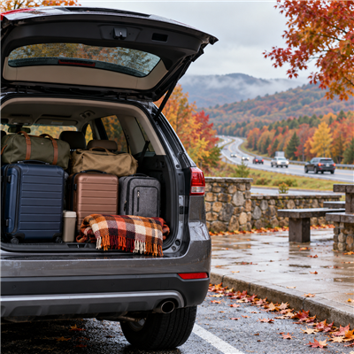 Open vehicle trunk packed with luggage beside an autumn Georgia highway rest stop.