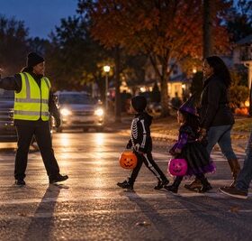 A family in Halloween costumes crosses a residential street while a nearby driver stops for pedestrians.